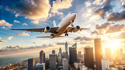 The plane flies over the city. Wonderful cityscape, business district and skyscrapers