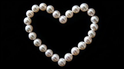 Heart-Shaped Arrangement of White Pearls on Solid Black Background, Uniformly Round and Lustrous Pearls with Smooth and Symmetrical Design Enhancing Elegant Contrast