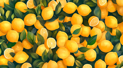 A vibrant display of fresh yellow lemons, filling the background completely. the lemons' bright color and juicy appearance make them look incredibly tempting and fresh. Vibrant. Illustration