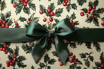 Festive holly and berry pattern background accented with a green satin bow.