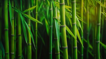 Lush green bamboo forest, nature vibrant background, tranquil greenery, tall bamboo stalks, zen garden imagery, plant life closeup