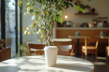 Fototapeta premium Empty white blank paper coffee cup with free copy space for text, logo or presentation in a modern cafe interior