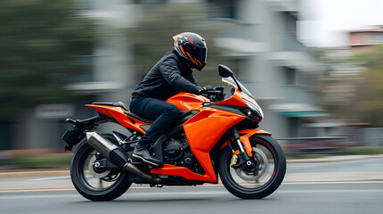Motorcyclist in black jacket and helmet riding a bright sport bike on the street	