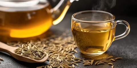 Fototapeta premium Fennel seeds and a steaming cup of fennel tea on a dark surface.