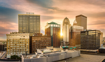 Aerial view of Des Moines, Iowa skyline at sunset. Des Moines is the capital and most populous city...