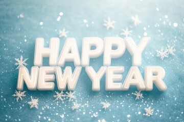 Glowing "HAPPY NEW YEAR" in white, with a soft blue background and shimmering snowflakes scattered around.