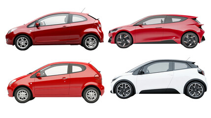 Obraz premium collection of four compact cars in red, white, and black colors, showcasing modern design and sleek profiles. Perfect for urban driving and style enthusiasts. ,PNG Transparency