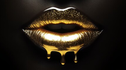 Glossy gold lips with dripping effect, black background, close-up of glittering lips, luxury beauty, bold makeup, dramatic effect