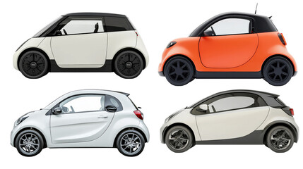 Naklejka premium Compact cars in various colors and designs, showcasing modern urban vehicles with unique styles and features. Perfect for city driving and parking. ,PNG Transparency