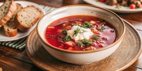Borscht-vegetable beetroot soup, on the table with sour cream.