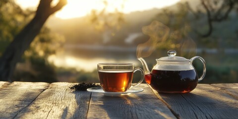 A steaming cup and teapot of tea on a wooden table at sunrise.