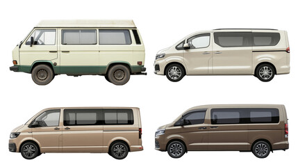 Classic and modern vans showcase diverse designs and colors, highlighting evolution of utility vehicles. vintage model contrasts with sleek, contemporary styles.  ,PNG Transparency