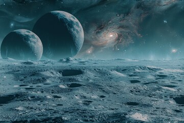 Unknown Planet Landscape, Unearthly Epic View, Unfamiliar Huge Planets of Different Sizes