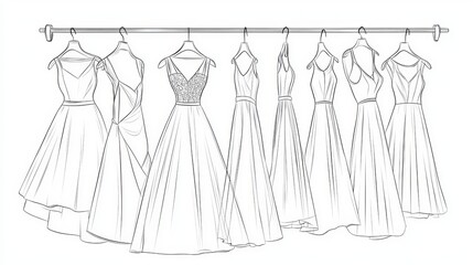 Black line outline of dresses hanging on hangers isolated on white background side view 3D vector illustration