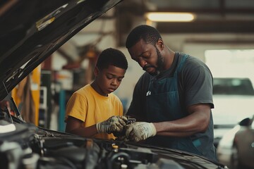 Father and son working together on car repair in garage.
