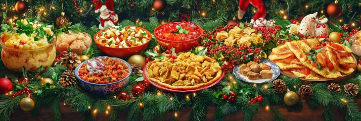 Fototapeta premium Traditional Holiday Foods Christmas Table Global Cuisine