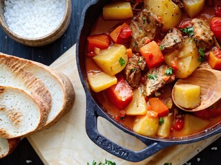 Hearty vegetable stew with tender meat in a black pot served alongside slices of toasted bread and a bowl of salt