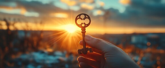 A hand holding a vintage key against a sunset backdrop. The key is silhouetted against the bright sun and sky, creating a symbolic image of opportunity and new beginnings.