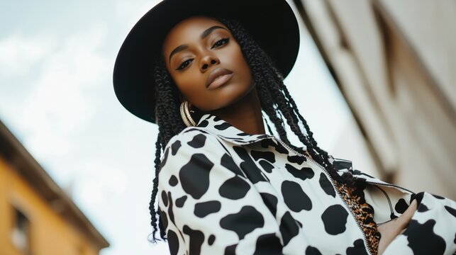 Stylish african american woman in black and white fashion with trendy hat, cow pattern