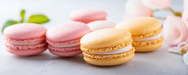 Obraz premium Colorful macarons arranged on a light surface, showcasing delicate pastries in pastel pink, yellow, and white, perfect for a dessert table