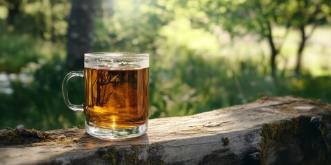 A Glass of Tea Resting on a Tree Stump in a Sun-Drenched Forest