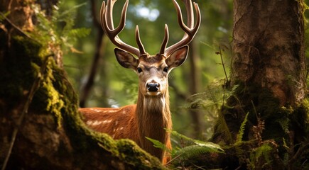 Naklejka premium close-up of a deer in the forest, deer in the woods, cute deer in the park, cute deer in the forest, close-up of a lonely deer in the woods