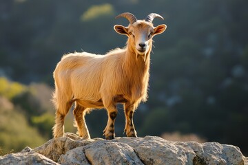 Obraz premium Wild Brown Goat Grazing on Rocky Mountain Cliff Under Blue Skies