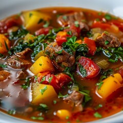 Red Tomato Soup with Beef, Greens and Vegetables, Rich Hot Veal Meat Broth with Tomatoes, Potatoes