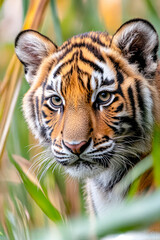 Tiger cub portrait in tall grass.