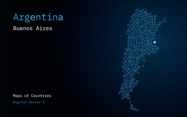 A map of Argentina depicted in zeros and ones in the form of a circle. The capital, Buenos Aires, is shown in the center of the circle	