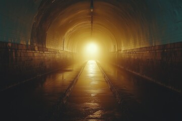 Dark Tunnel with Warm Light at the End - Mysterious Passageway