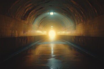 Dark Tunnel with Warm Light at the End - Mysterious Passageway