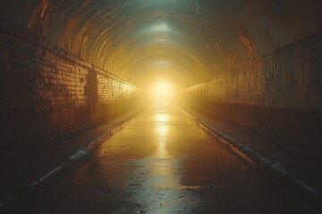 Dark Tunnel with Warm Light at the End - Mysterious Passageway