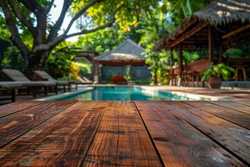 Fototapeta premium Table Pool Mockup, Wooden Background Space by Hotel Swimming Pool Bar, Copy Space