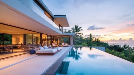 Fototapeta premium Luxury Modern House with Infinity Pool at Sunset, Tropical Vacation Home, Scenic View with Palm Trees and Ocean Background
