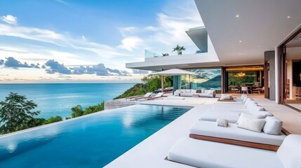 Fototapeta premium Luxurious infinity pool ocean view modern architecture sunset Sky outdoor living elegant terrace relaxation