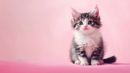 Obraz premium Adorable Kitten Portrait on Pink Background with Blue Eyes. Conceptual Image of Cute Young Domestic Cat