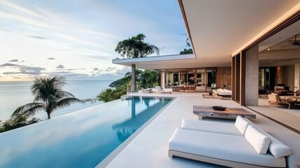 Fototapeta premium Modern Oceanfront Lounge, Infinity Pool with Seaside View, Luxurious Open Space Design, Tropical Paradise Retreat