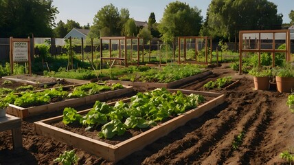 A vibrant community garden flourishing in the summer sun, showcasing lush vegetables and organized wooden raised beds. Generative AI