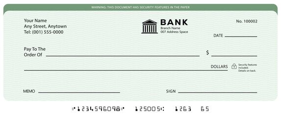 Green Blank money cheque. Bank check. Blue Check book template with pattern and empty fields. Currency payment coupon, US dollar check background.	