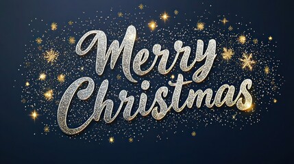 Shiny silver "Merry Christmas" text with gold sparkles on a deep navy blue background, perfect for a festive night theme.