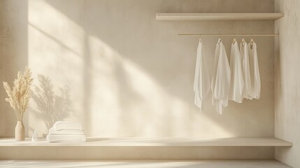 Clothes hanging on a rack against a creamcolored grunge background with a shelf in neutral beige colors store or bedroom concept 3D rendering