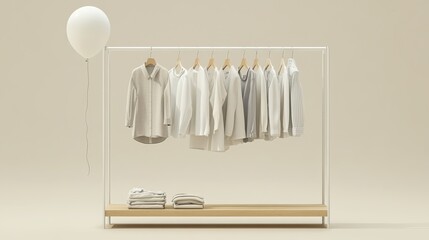 Clothes on a hanger and shelf with a balloon on a cream background clothes on rack in neutral beige tones 3D rendering for shopping store or bedroom concept
