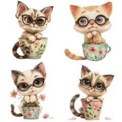 Fototapeta premium Four cute cats in glasses sitting in flower pots, showcasing playful expressions and vibrant colors. ,PNG Transparency