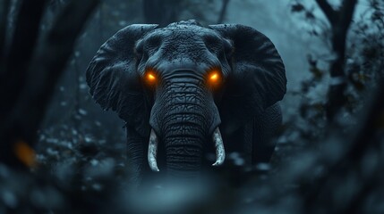 A large, imposing elephant with glowing red eyes peers out from a dark jungle setting, conveying a sense of mystery and power.