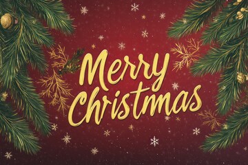 Warm gold "Merry Christmas" text on a deep red background with green pine branches and subtle snowflakes.