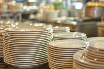Stacks of Clean Plates at Hotel Breakfast Buffet, White Plates