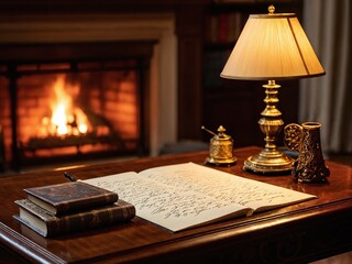 Cozy writing nook with vintage lamp, an open book, and a crackling fireplace on a quiet evening inside a warm living room