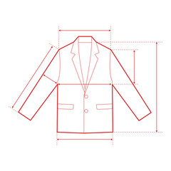 Blazer Technical Drawing with Measurement Points and Size Chart

