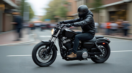 Fototapeta premium Motorcyclist in black jacket and helmet riding a chopper bike on the street 
